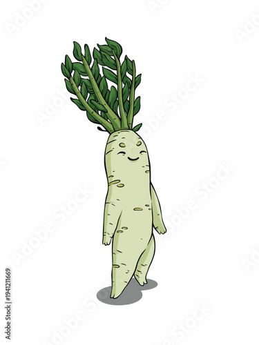Hand-drawn vector illustration of a cute anthropomorphic daikon radish character with a smiling face and green leaves, walking cheerfully.