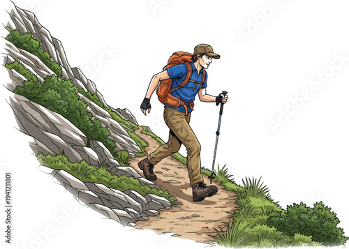 Determined male hiker with backpack and trekking pole navigates steep mountain trail during outdoor adventure activity