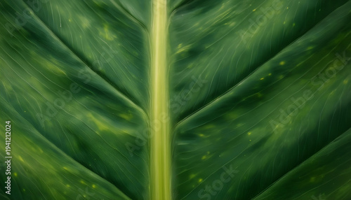 Close-up macro view of a vibrant green leaf with prominent veins and subtle yellow spots