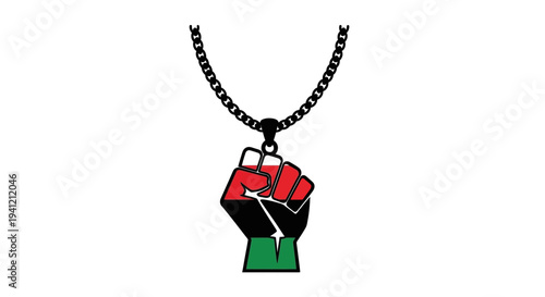 Symbolic red black green fist pendant on a striking chain representing unity and strength