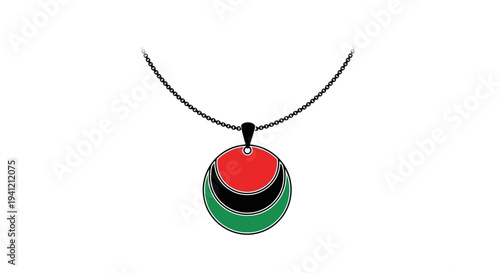 Modern fashion accessory featuring a circular pendant with layered red, black, and green symbolic
