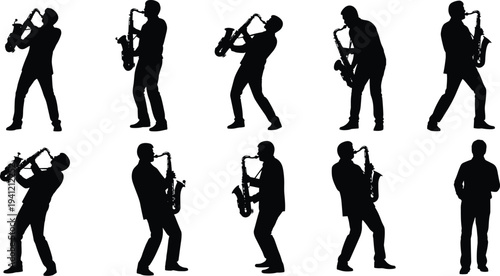 Saxophone, player, silhouettes, jazz, musician, music, instrument, performance, band, concert, melody, artist, vector, illustration, collection, saxophone, player, design, rhythm, concept