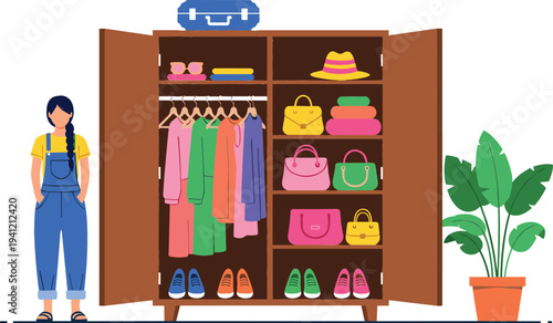 Woman Standing Near Open Wardrobe Vector Illustration with Clothes, Shoes, Bags and Organized Closet Interior