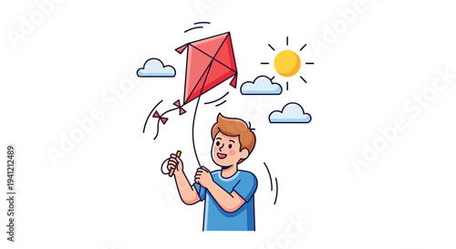A smiling young boy in a blue t-shirt stands outdoors happily flying a red diamond-shaped kite under a bright yellow sun and white clouds, Generative AI.