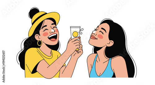 One smiling woman in a yellow hat is playfully applying sunscreen from a tube to the nose of another smiling woman with closed eyes, Generative AI.