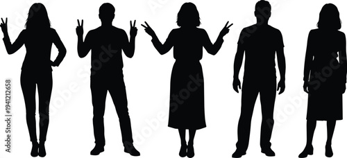 People silhouettes showing peace sign gestures, men and women standing poses, casual human figures vector illustration isolated collection