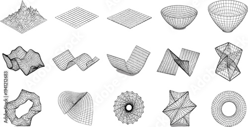 Abstract Wireframe Geometry Vector Set with 3D Mesh Surfaces, Mathematical Shapes and Digital Grid Structures