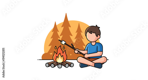 A young boy in a blue shirt is sitting cross-legged roasting a marshmallow over a small campfire with orange pine trees in the background, Generative AI.