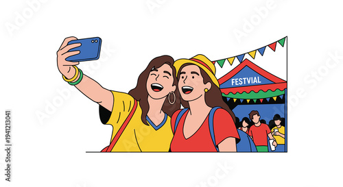 Two cheerful women are taking a selfie with a blue smartphone smiling broadly in the foreground of a lively festival scene with colorful bunting and a red booth, Generative AI.