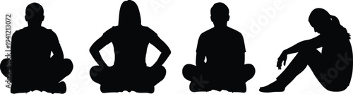 Silhouette people seated ground posture variation, body language gesture concept, minimalist art illustration, human figure representation, social interaction study