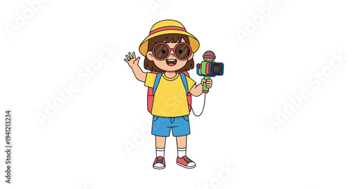 A cheerful girl wearing a yellow hat and sunglasses stands waving holding a green video camera with a microphone and a red backpack, Generative AI.