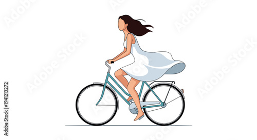 A slender woman with long dark hair is gracefully riding a classic light blue bicycle her white dress billowing behind her on a stark white background, Generative AI.
