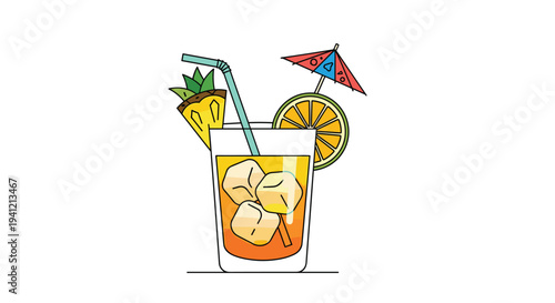 A refreshing orange cocktail with ice cubes a green straw pineapple lime and a small umbrella is presented in a tall glass, Generative AI.