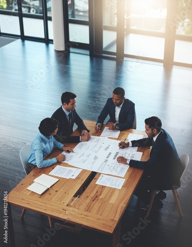 Business professionals engaged in a project discussion around a table