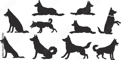 German shepherd dog silhouette set with different poses including sitting, standing and running, black canine vector illustrations isolated for pet design, logo and graphics