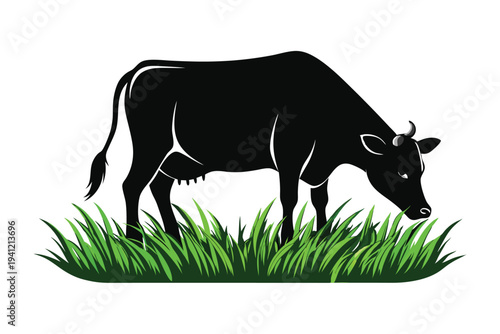 Black cow silhouette grazing on green grass. Farm animal cattle in pasture vector illustration isolated on white