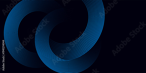 Abstract blue glowing geometric lines on dark blue background. Modern shiny blue circle lines pattern. Futuristic technology concept. Suit for cover, poster, banner, brochure, header, website