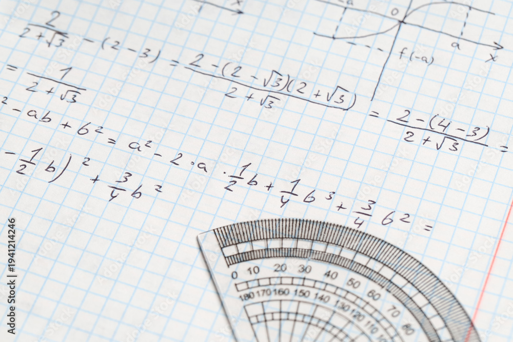Fototapeta premium Copybook with handwritten maths formulas and semicircular protractor as background, closeup
