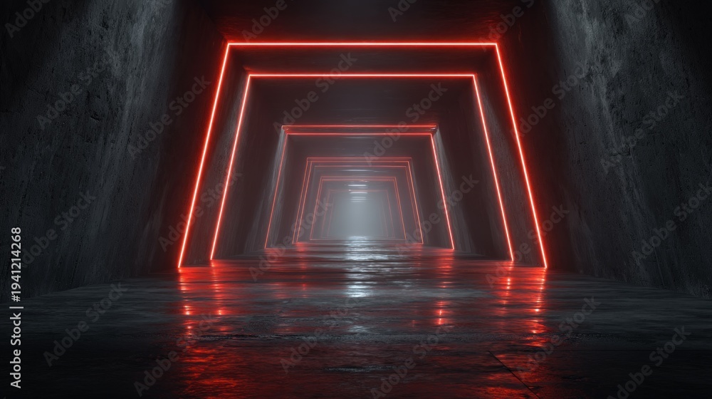 Fototapeta premium Neon tunnel with red lights and reflection