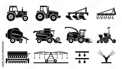 Agricultural machinery black icons set, farm vehicles and equipment symbols on transparent background