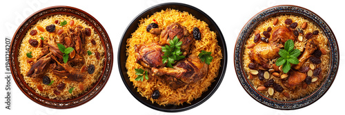 Set of Kabsa bowl spiced biryani with lamb or chicken, rice, nuts and raisins in wooden bowl, isolated on white. Arabic cuisine