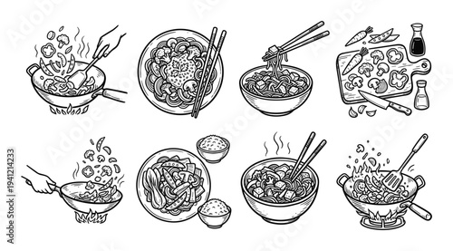 Asian stir fry cooking scenes and noodle bowls with chopsticks in hand drawn line art style