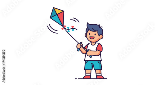 A smiling cartoon boy in a white and red t-shirt and blue shorts is happily flying a colorful diamond kite against a plain white background, Generative AI.