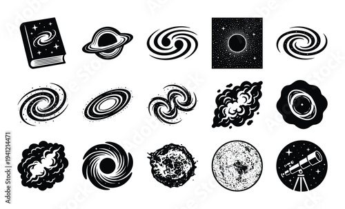 Astronomy and space exploration icons set with galaxies and cosmic objects