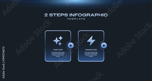 Dark Tech Infographic Template with Black Neon Blue Gradient, 2 Step Timeline Journey Process Diagram, Vector Infographic Elements with Thin Line Square Design and Icons for Business Presentation