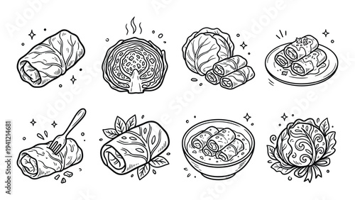 Cabbage rolls collection. traditional stuffed cabbage leaves. hand drawn doodle sketch style vector illustration