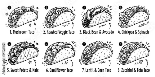 Collection of eight different types of delicious vegetarian tacos for healthy eating