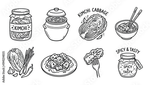 Collection of hand drawn kimchi dishes and ingredients in sketchy style vector art