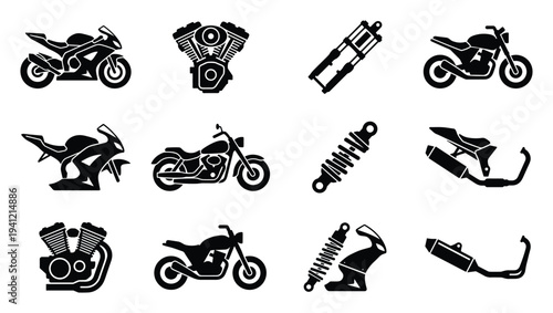 Collection of modern sport motorcycle and parts vector icons on transparent background
