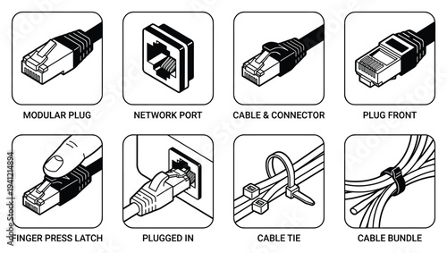 Collection of network cable and connector elements with port and hand illustration