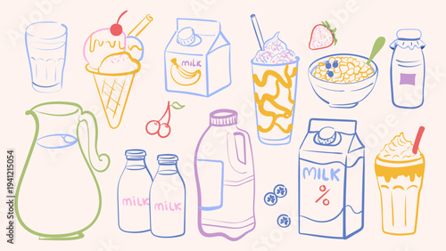 Colorful milk and dairy doodle set with bottles, carton, jug, milkshake, ice cream and drinks. Hand drawn line illustration collection for menu, packaging, cafe and food design.ustration