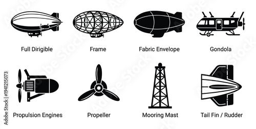 Detailed black silhouette icons for airship components and related aviation equipment