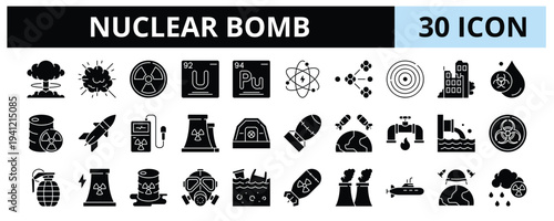 30 Nuclear Bomb Glyph Banner Web Icon Set Vector Illustration 