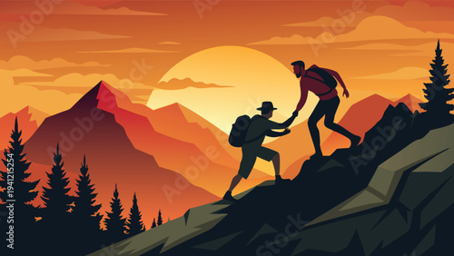 Hikers helping each other climb mountain at sunset. Teamwork and adventure concept vector.