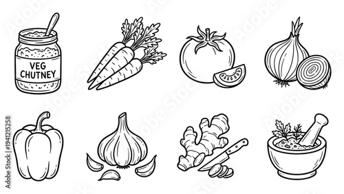 Essential kitchen ingredients including garlic tomato onion pepper ginger and vegetable chutney