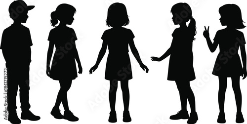 Black vector silhouette set of diverse children standing and posing, featuring young boys and girls for childhood and education designs.