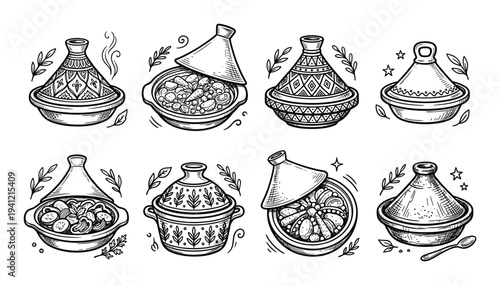 Group of traditional moroccan tagine pots filled with various delicious food dishes