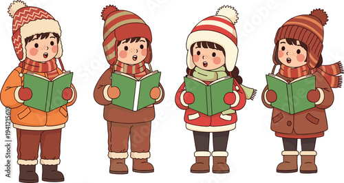 Cute children singing Christmas carols, winter clothes kids choir, holiday music celebration, festive season illustration, happy cartoon kids singing togetherCute children singing