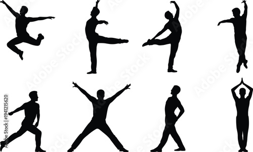 Collection of dynamic male dancer silhouettes, ballet jumps, yoga poses, modern dance movements isolated on white background vector