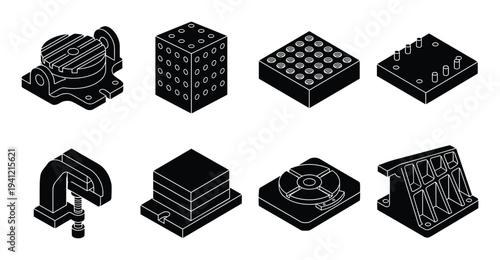 Isometric black machine shop tools and equipment on transparent background