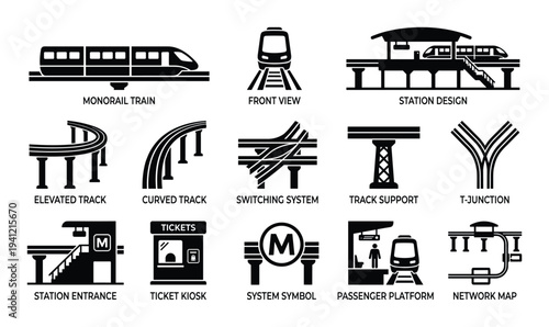 Monorail train and station black icons set, urban transport system and infrastructure symbols