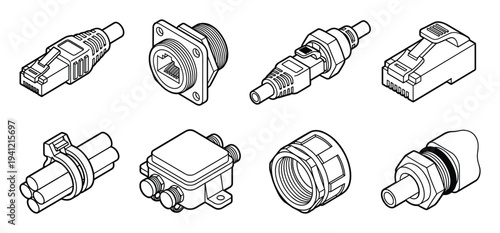 Network and cable connectors isometric black outline icons set including ethernet rj45 and industrial types