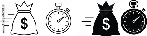 Fast money bag and stopwatch icon, time is money concept, finance investment deadline speed business profit savings vector illustration set