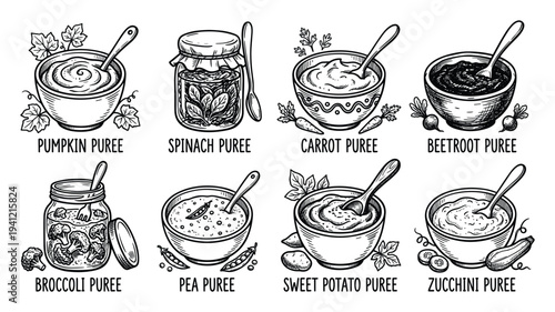 Puree set. healthy baby food from fresh vegetables. hand drawn sketch style vector illustration