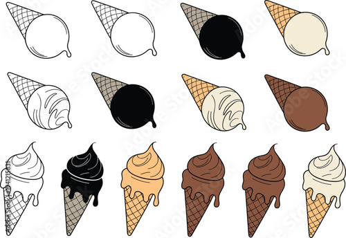 Ice cream cone collection, colorful gelato scoops set, melting dessert illustration, sweet frozen treat icons, summer dessert design