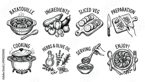 Ratatouille cooking process step by step recipe hand drawn sketch set, ingredients and serving instructions